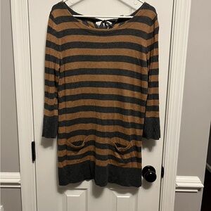 Women Grey & Brown Striped sweater dress. Wool Cotton Blend 2 front pockets L